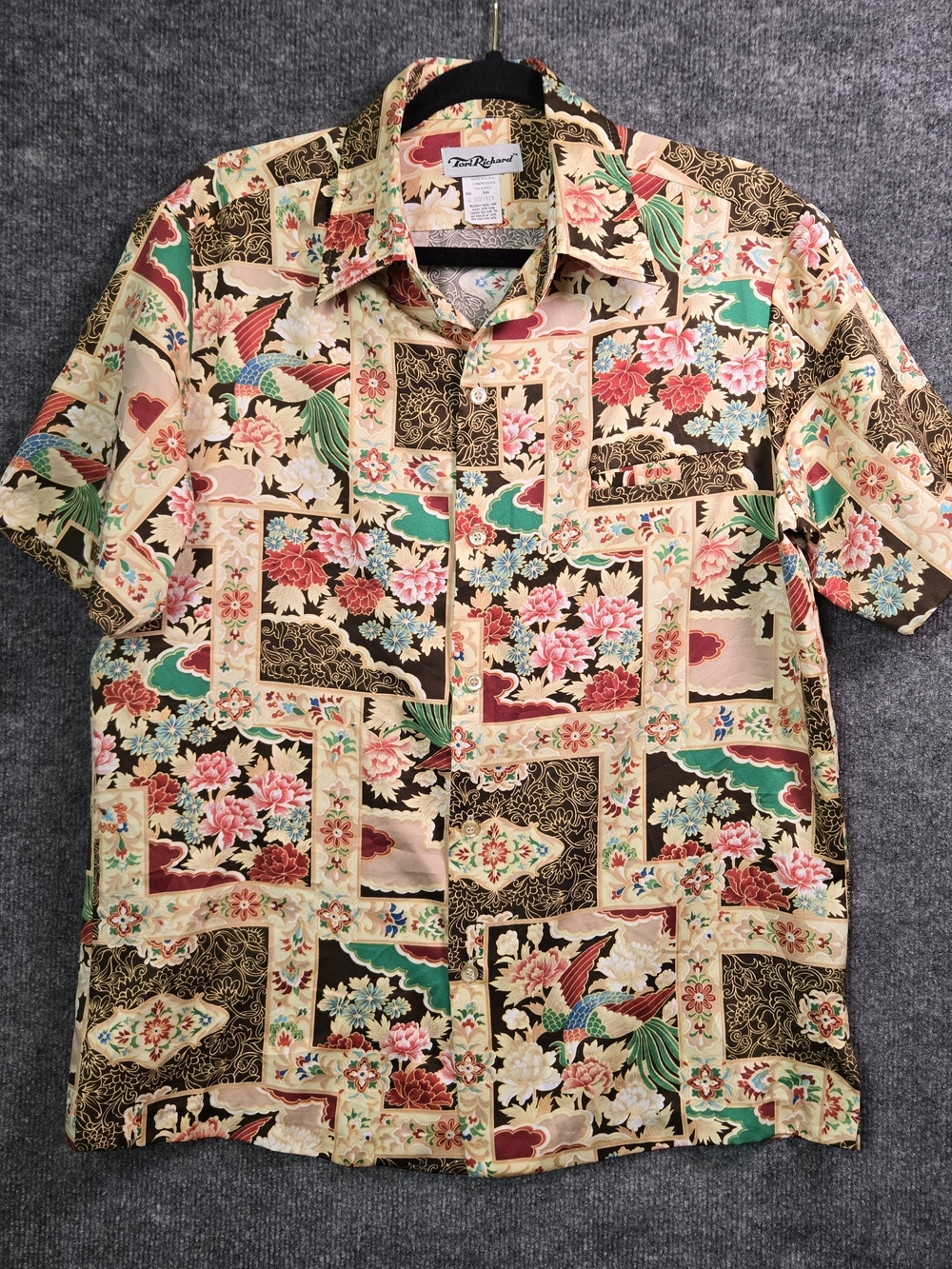 Tori Richard Shirt Mens M Brown Red Green Patchwork Tropical Island Hawaiian